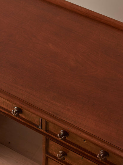 Regency mahogany fiddleback twin pedestal desk