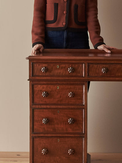 Regency mahogany fiddleback twin pedestal desk