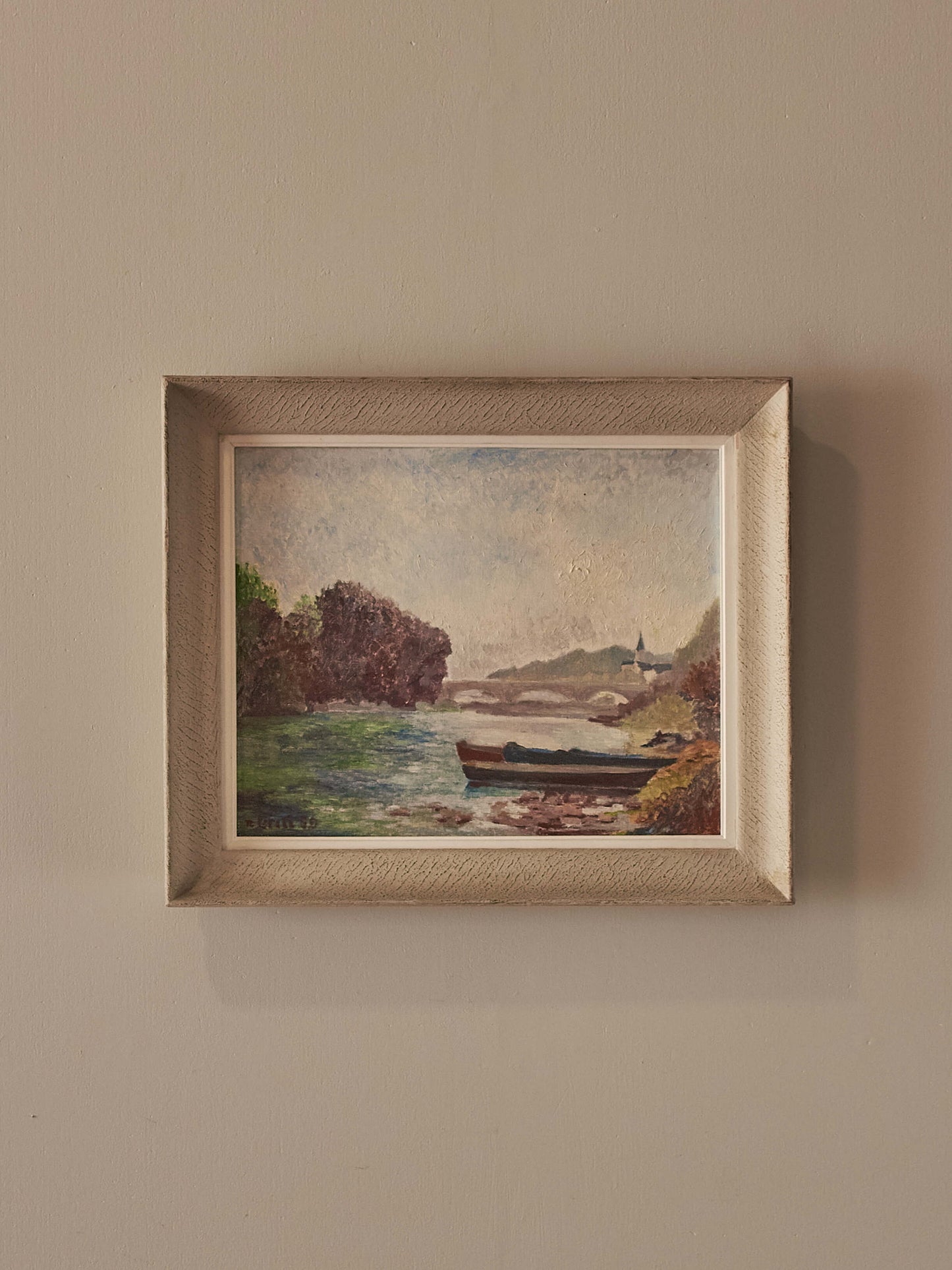 French vintage river landscape oil painting