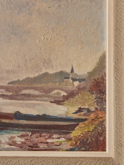 French vintage river landscape oil painting