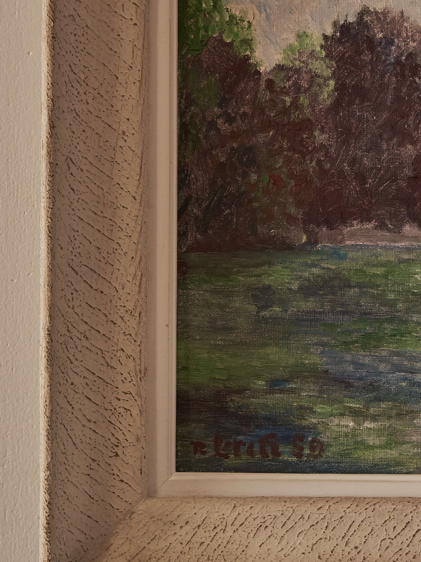 French vintage river landscape oil painting