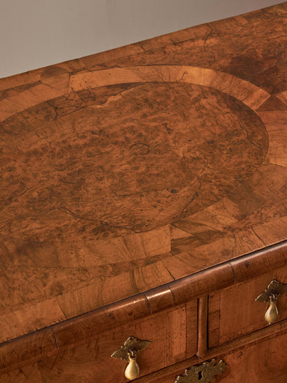 Queen Anne walnut chest of drawers raised on bun feet