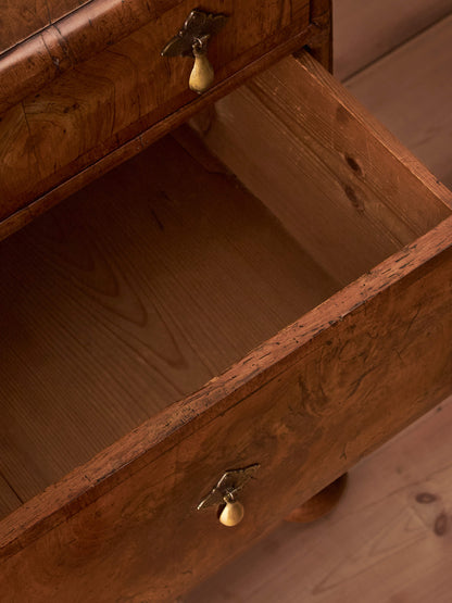 Queen Anne walnut chest of drawers raised on bun feet