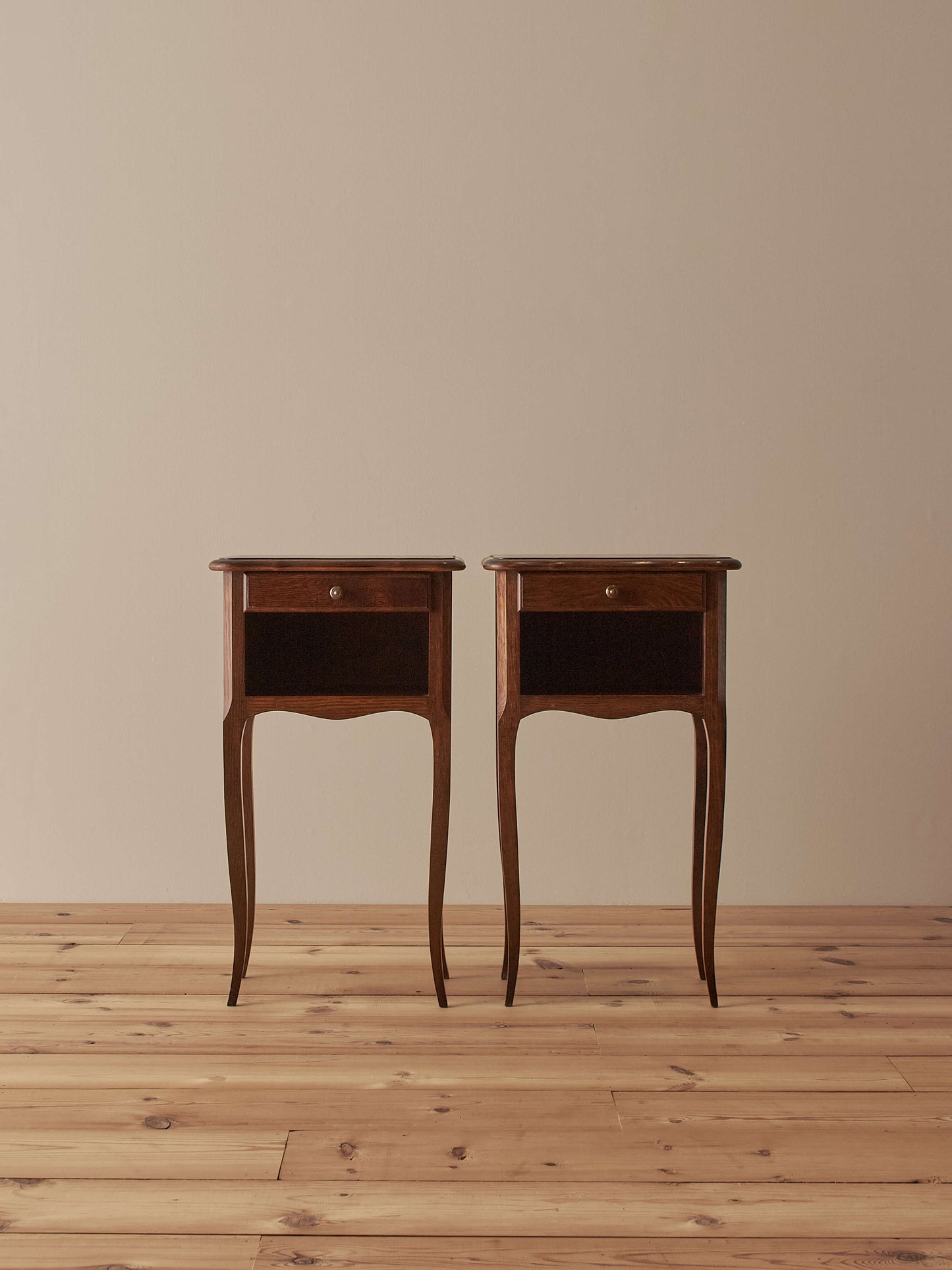 Pair of French vintage bedside tables with single drawers