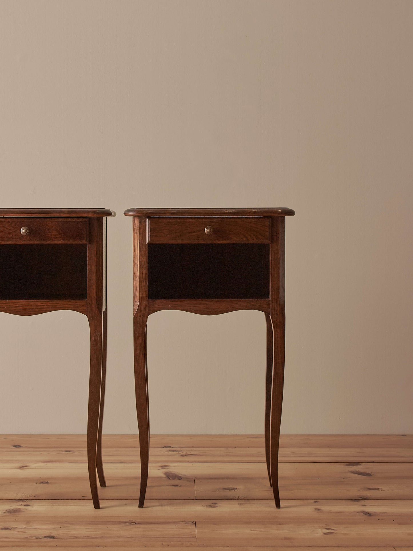 Pair of French vintage bedside tables with single drawers