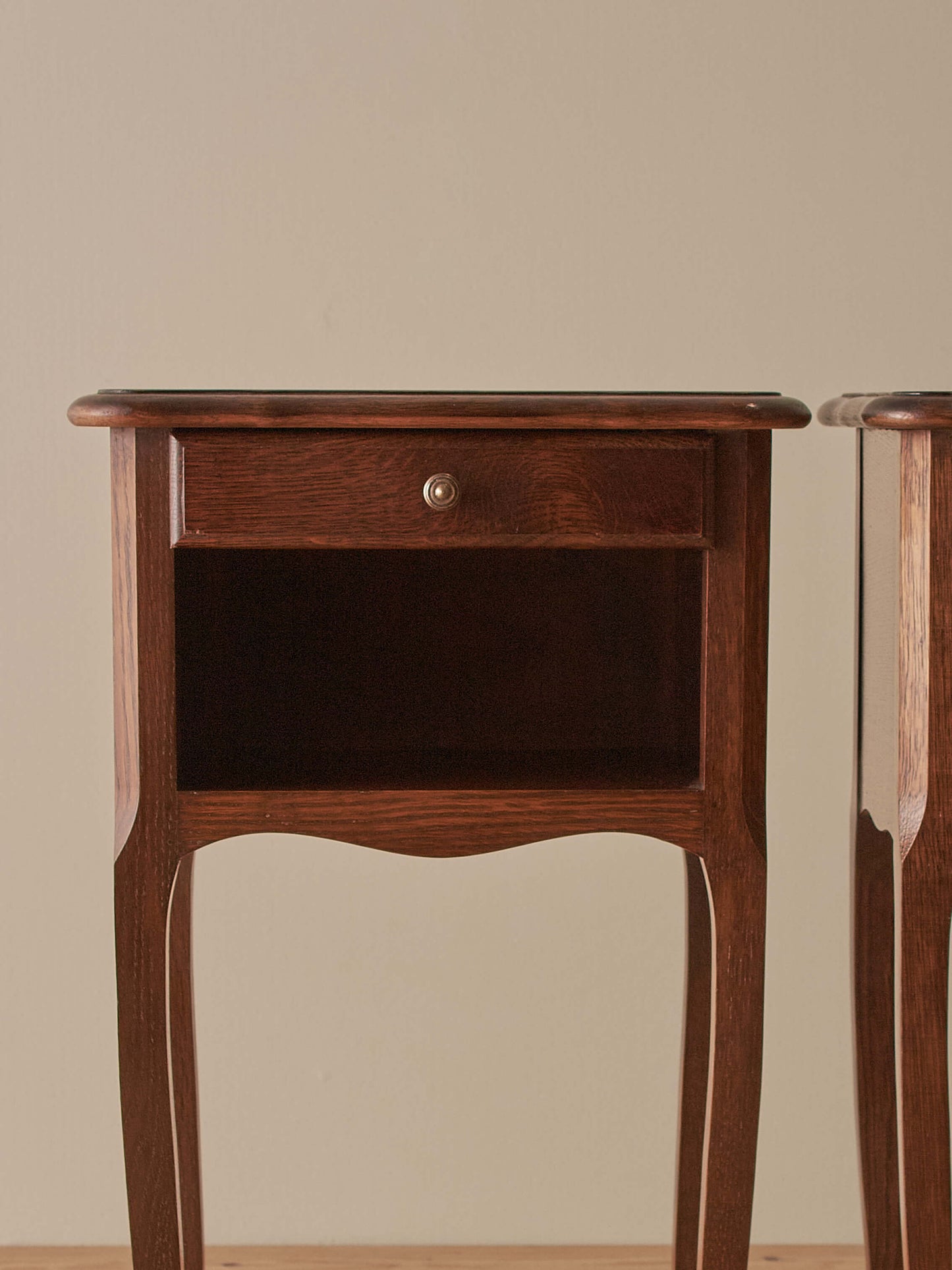 Pair of French vintage bedside tables with single drawers