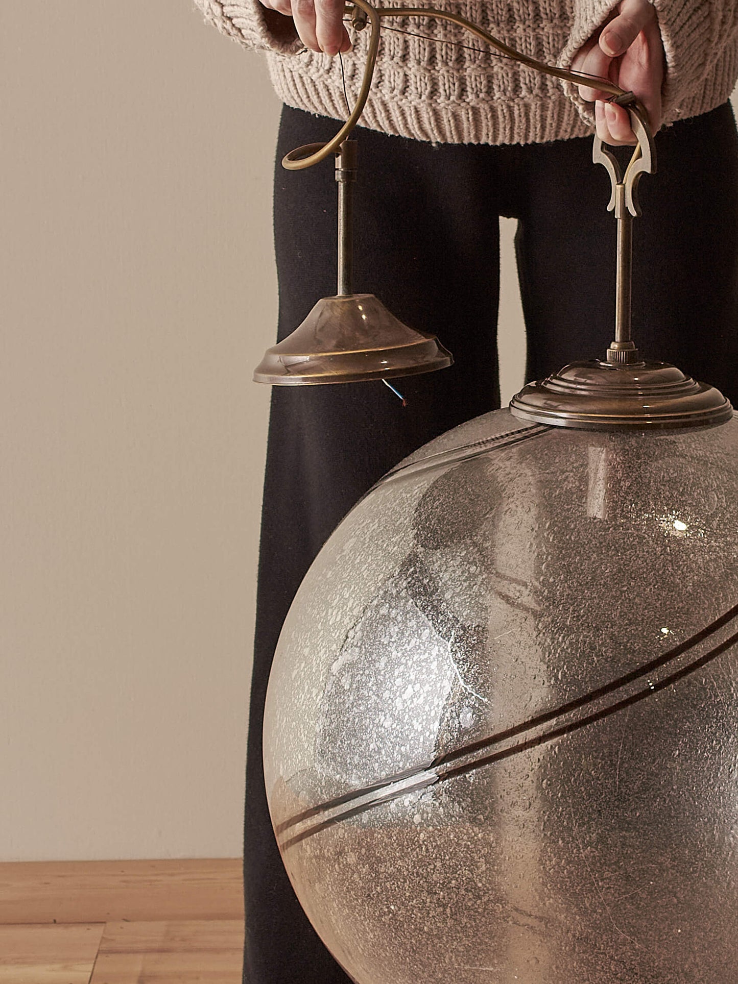 Mid-century Italian striped globe Murano pendant