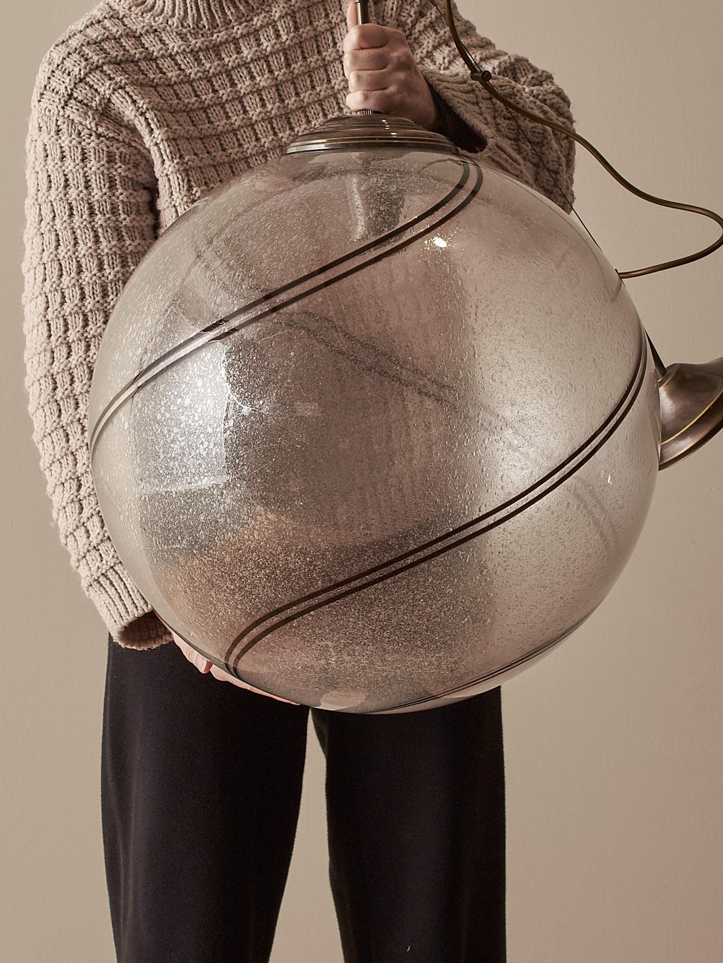 Mid-century Italian striped globe Murano pendant