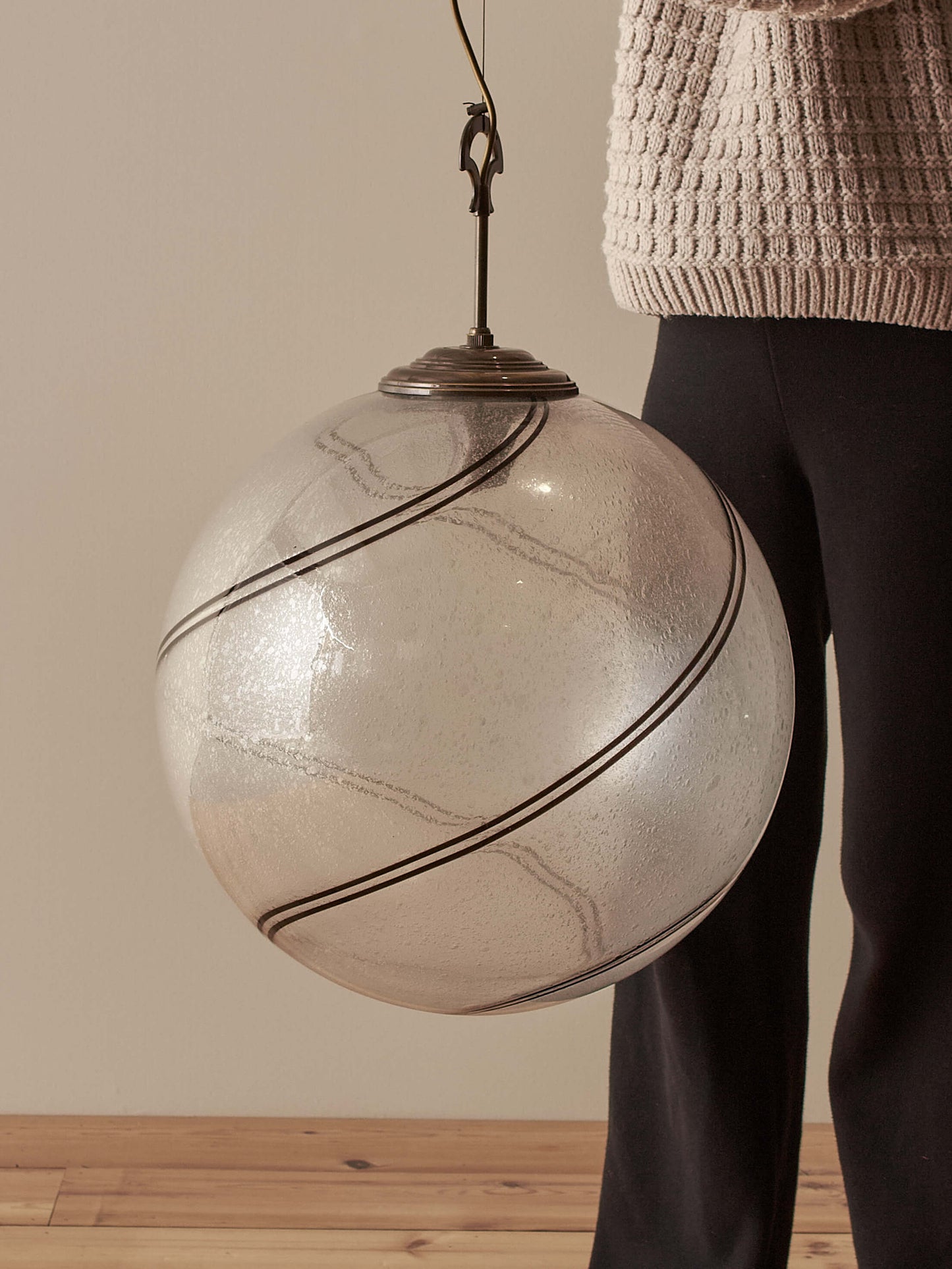 Mid-century Italian striped globe Murano pendant