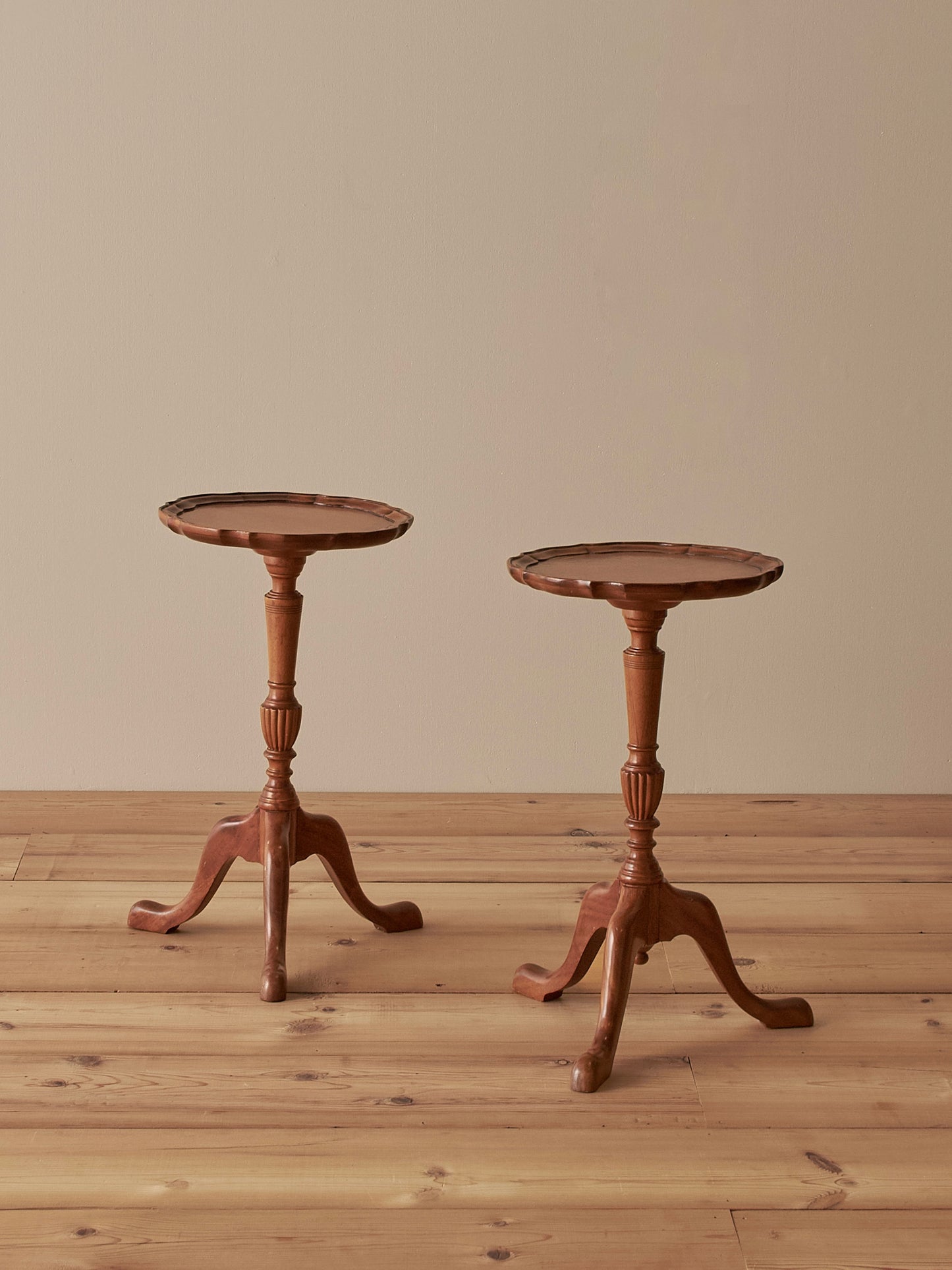 Pair of vintage mahogany scalloped wine tables