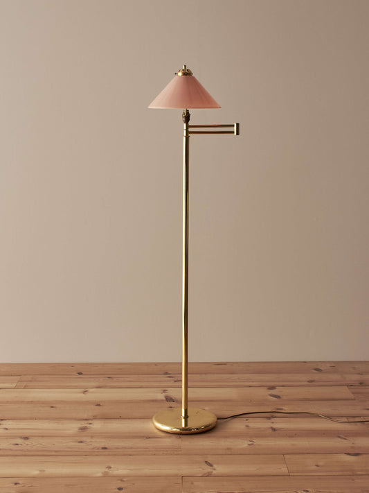 Mid-century brass floor lamp with pink glass shade