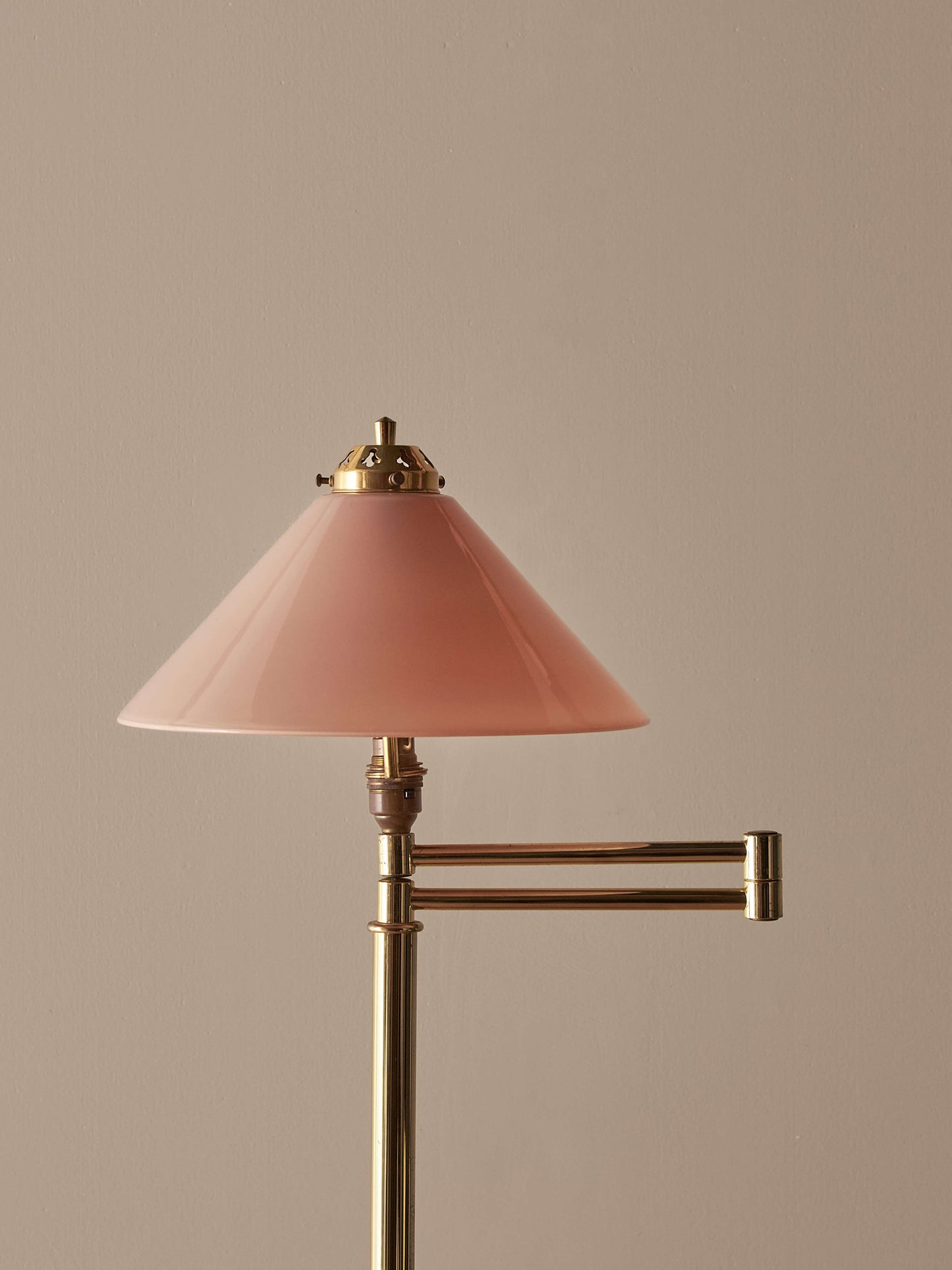 Mid-century brass floor lamp with pink glass shade
