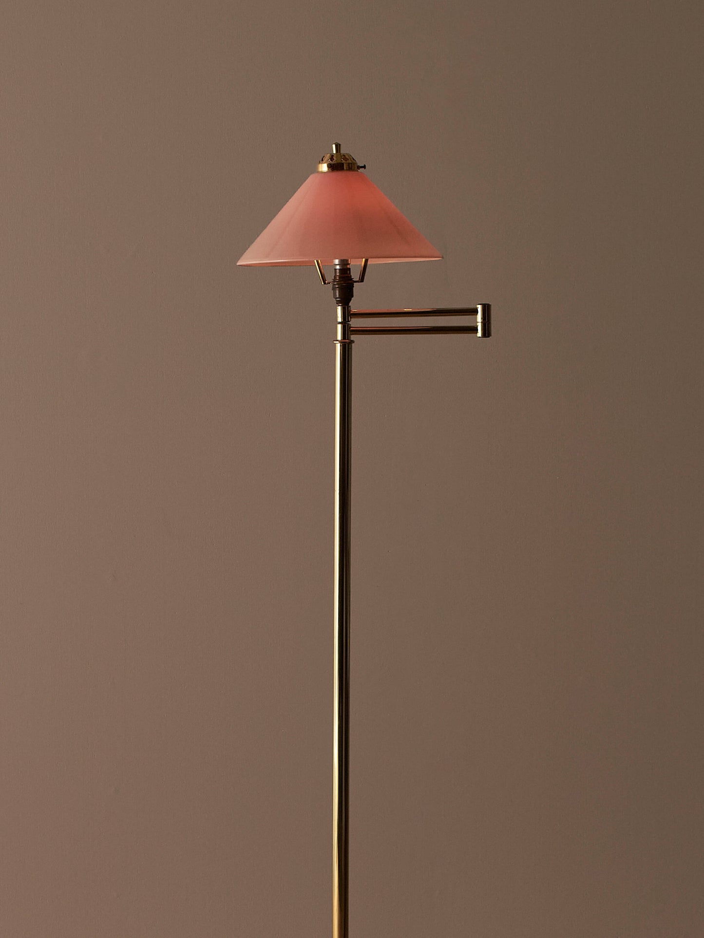 Mid-century brass floor lamp with pink glass shade