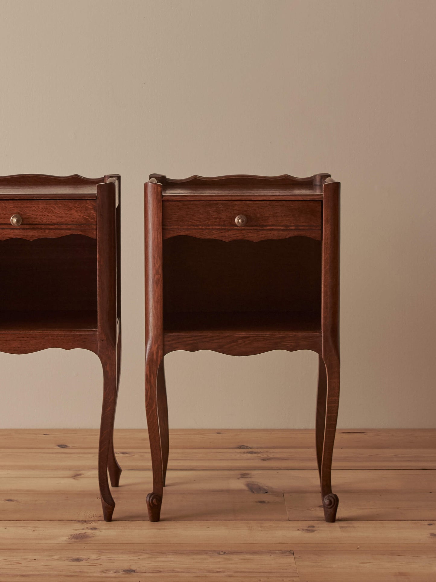 Close-pair of French oak bedside tables