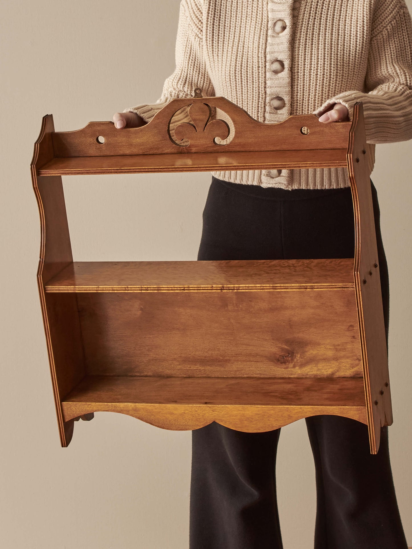 Mid-century walnut and birds-eye maple wall shelf