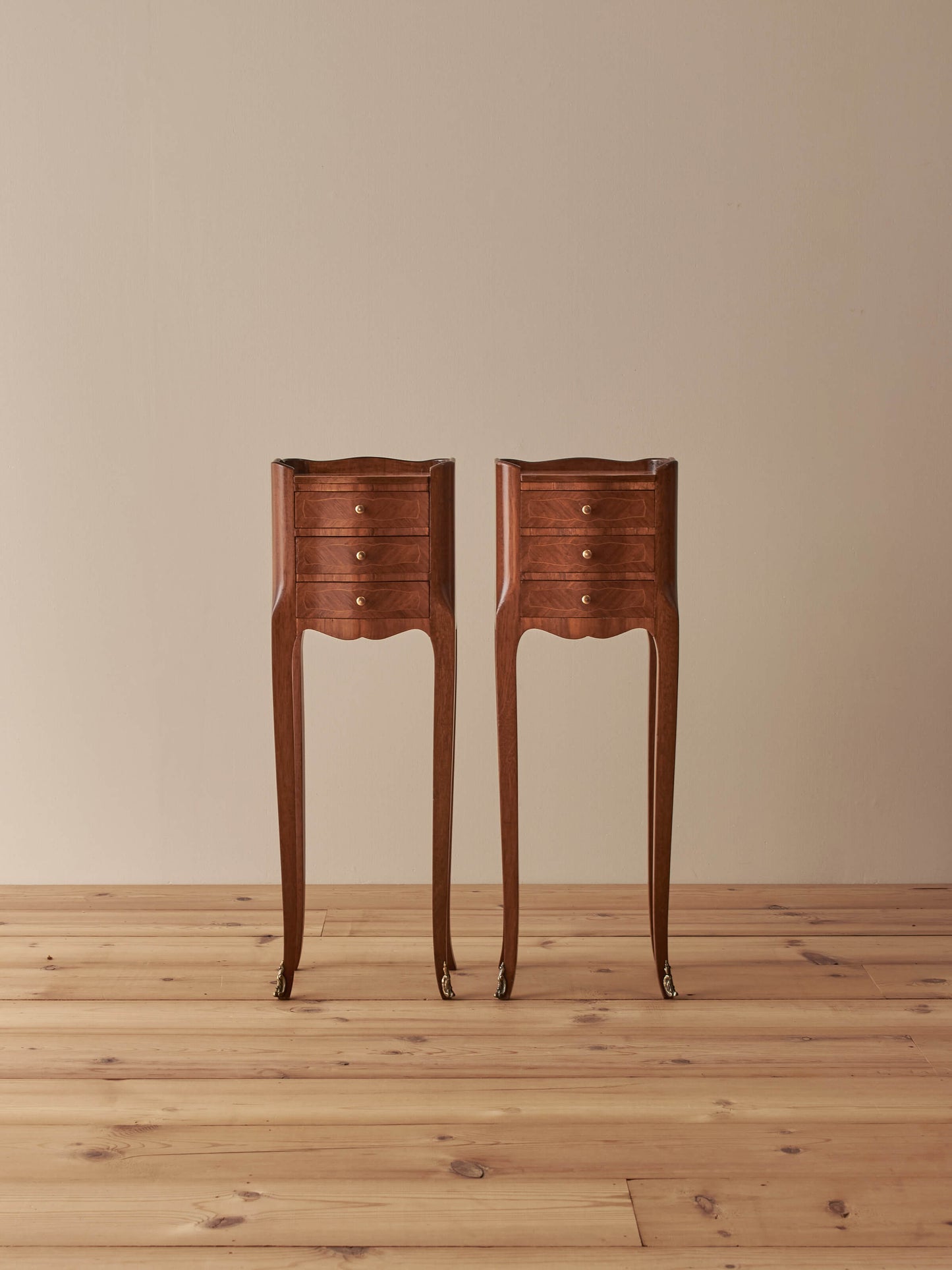Pair of petite French vintage kingwood bedside tables