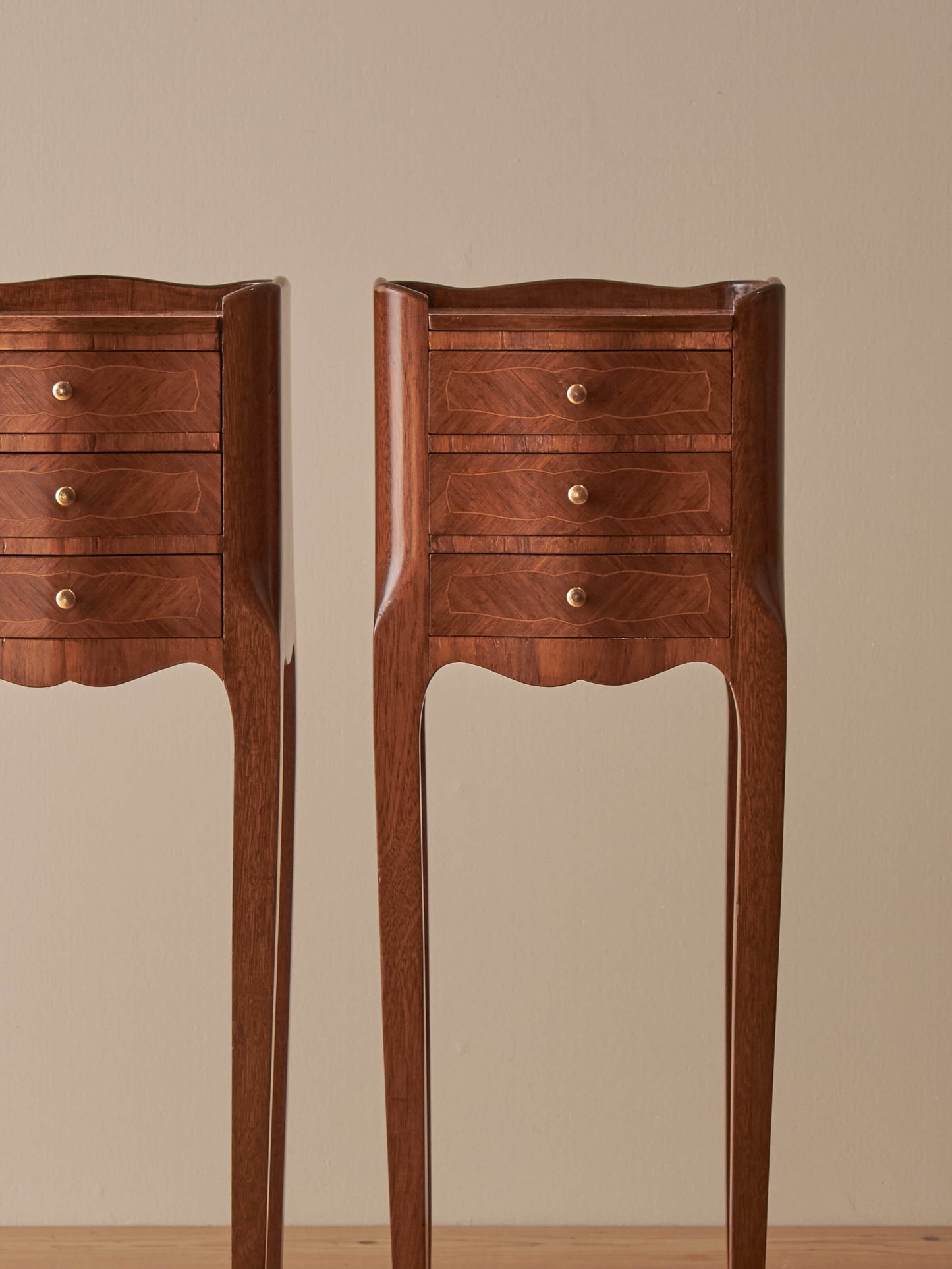 Pair of petite French vintage kingwood bedside tables