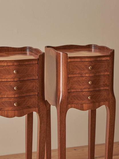 Pair of petite French vintage kingwood bedside tables
