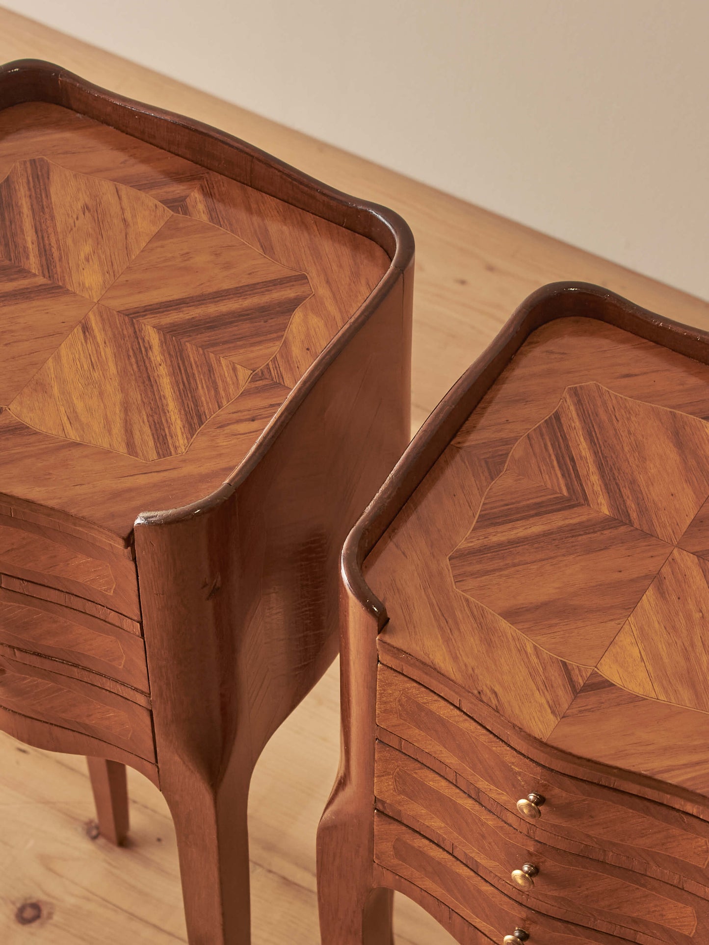 Pair of petite French vintage kingwood bedside tables