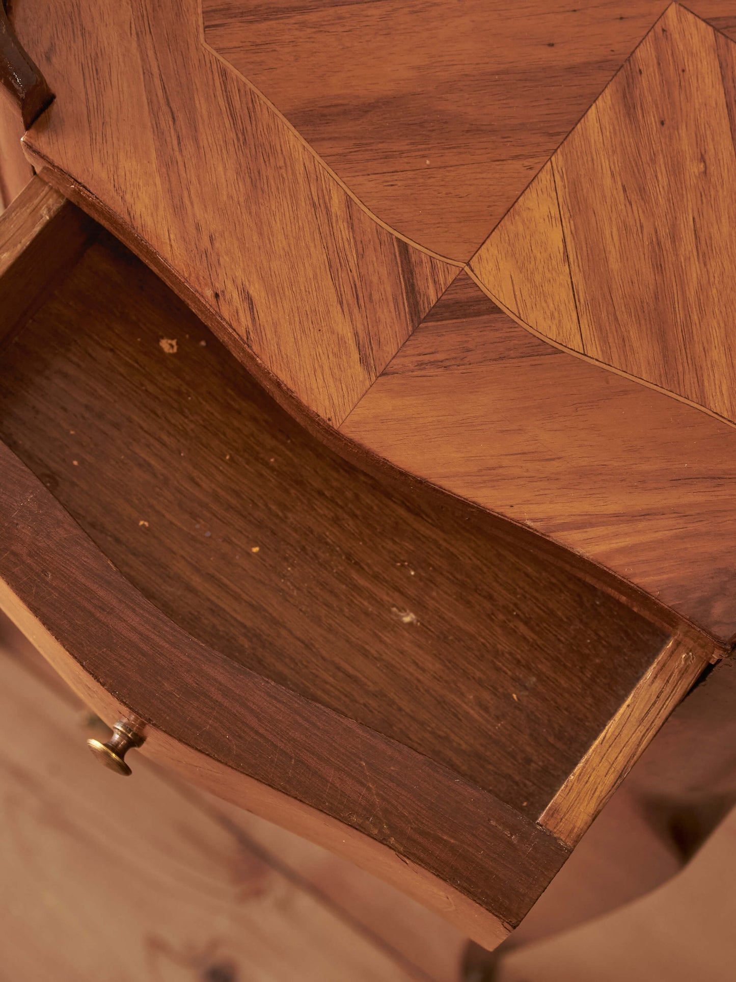 Pair of petite French vintage kingwood bedside tables