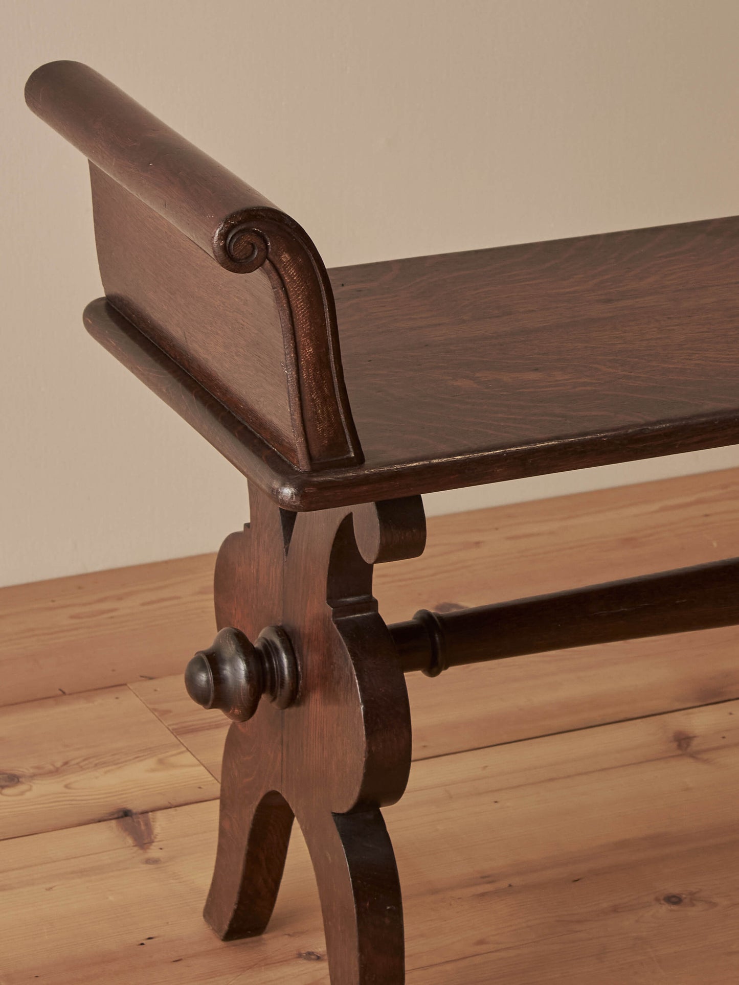 Vintage oak hall bench with scrolled arms