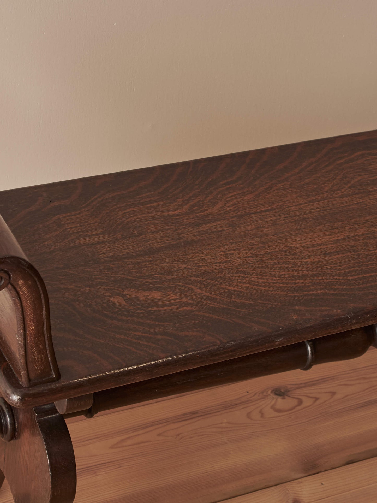 Vintage oak hall bench with scrolled arms