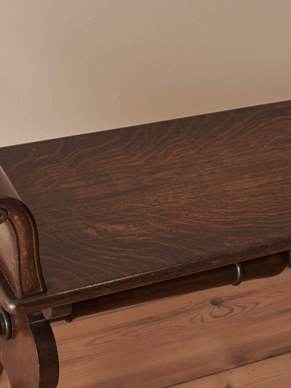 Vintage oak hall bench with scrolled arms