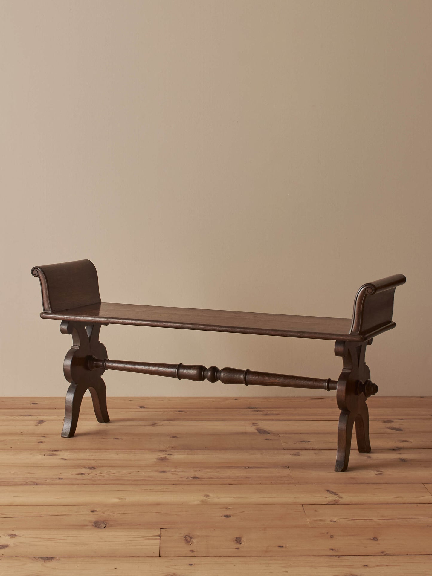 Vintage oak hall bench with scrolled arms