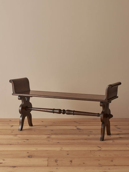 Vintage oak hall bench with scrolled arms