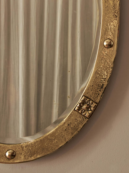Arts and Crafts oval hammered brass mirror