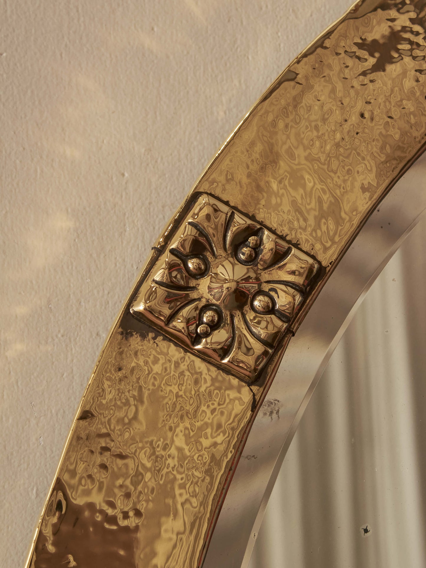 Arts and Crafts oval hammered brass mirror