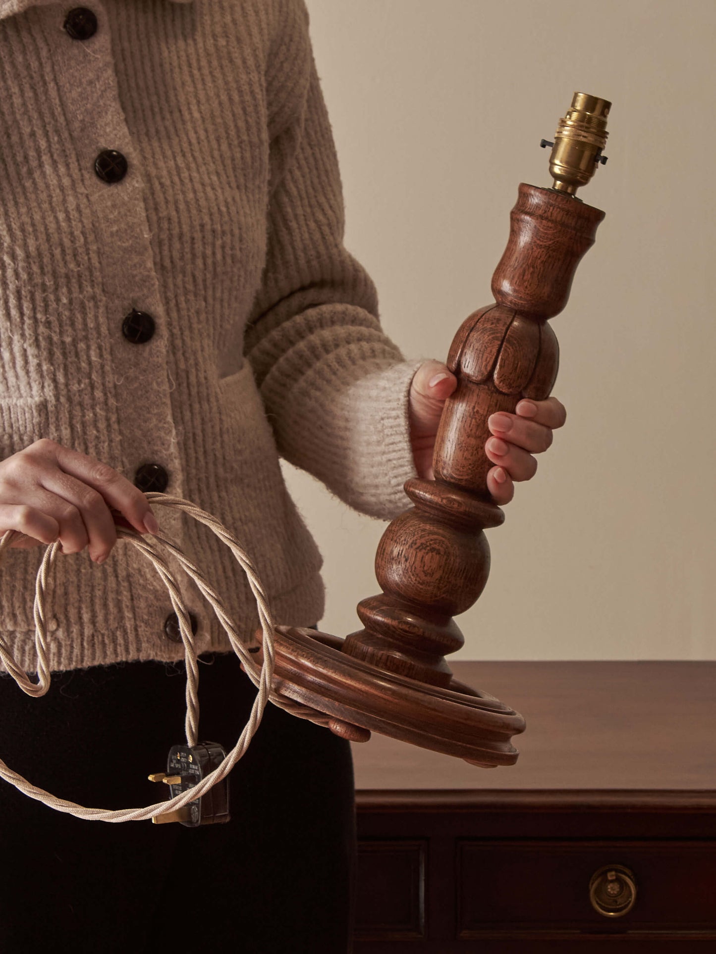 Vintage oak hand-carved lamp