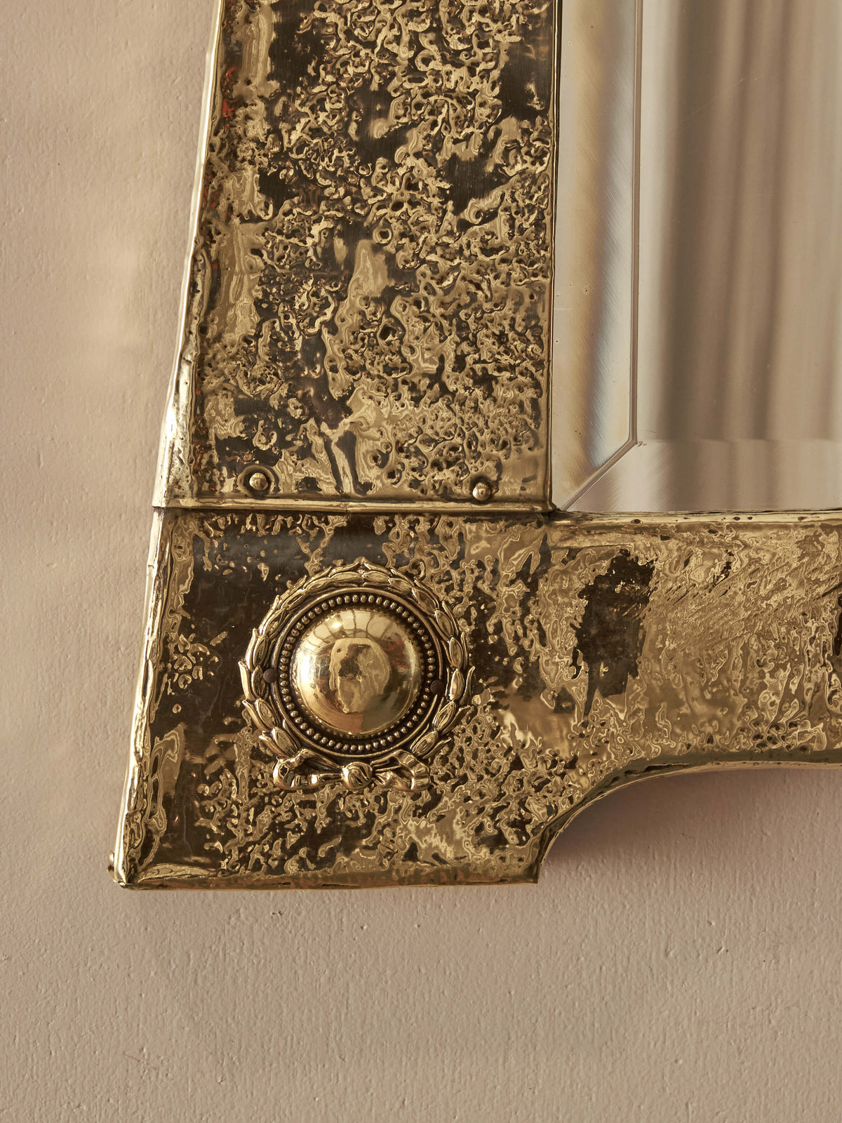 Arts and Crafts rectangular hammered brass mirror