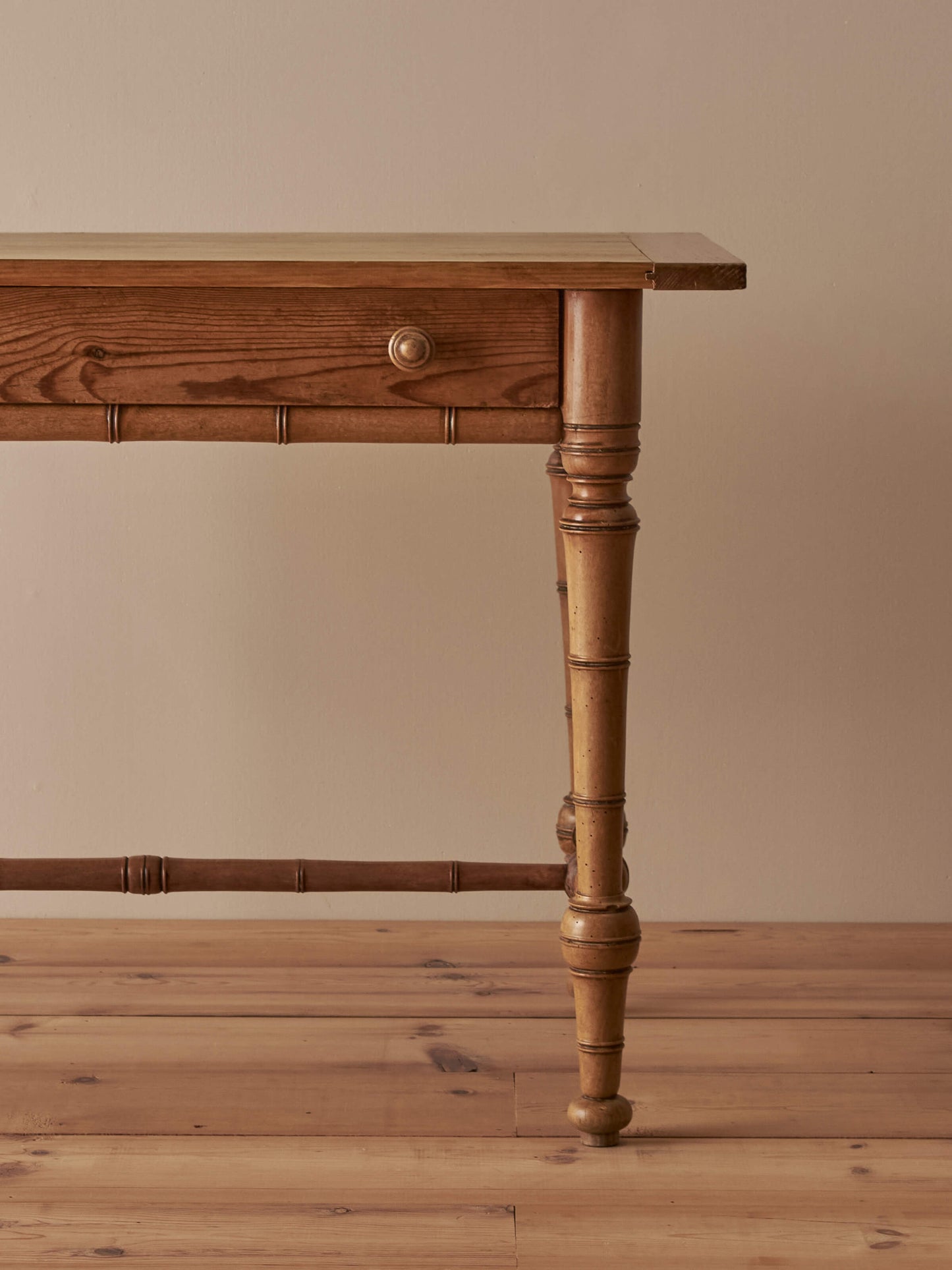 French mid-century pine faux bamboo console table