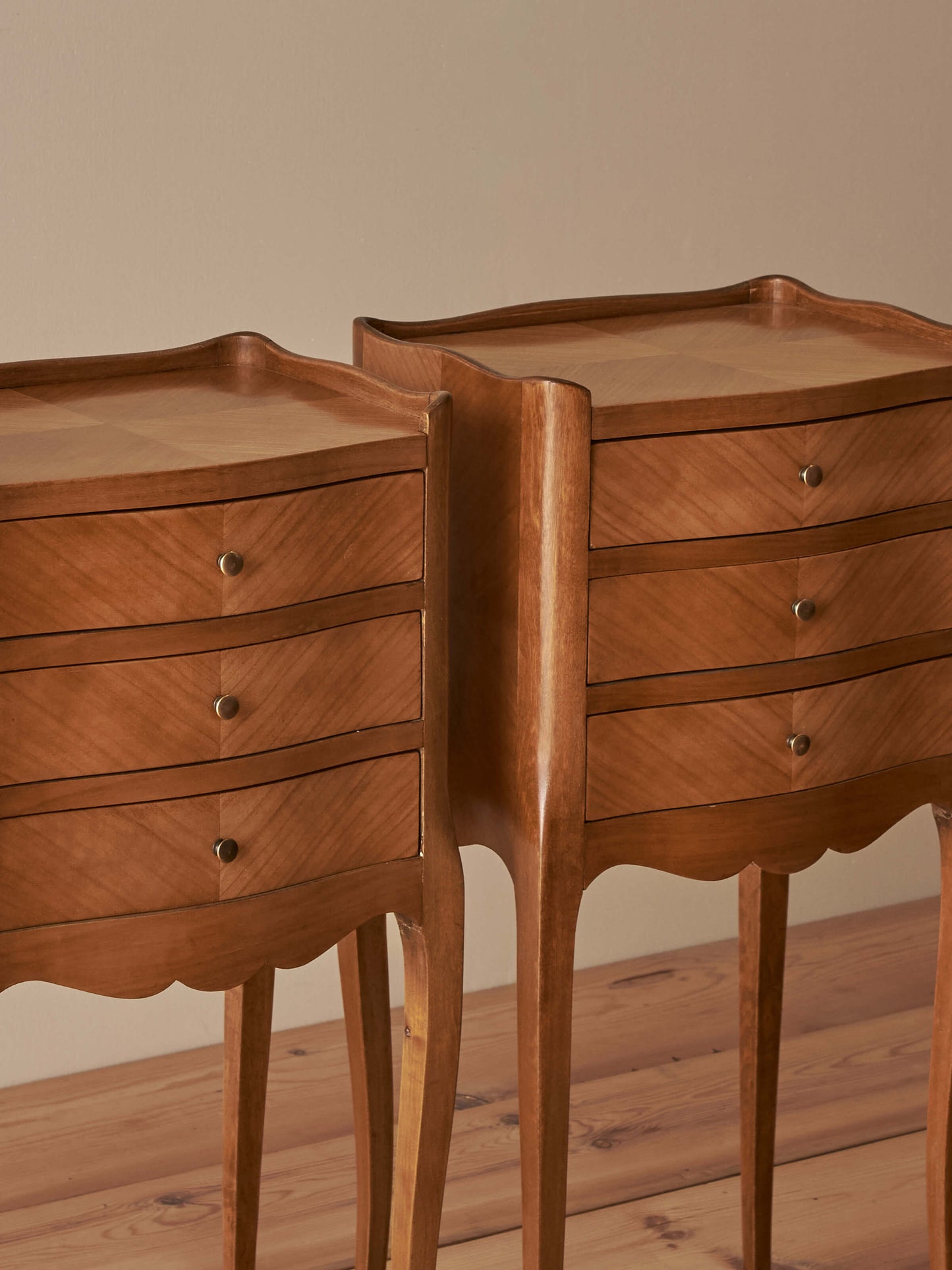 Pair of French vintage blonde marquetry bedside tables