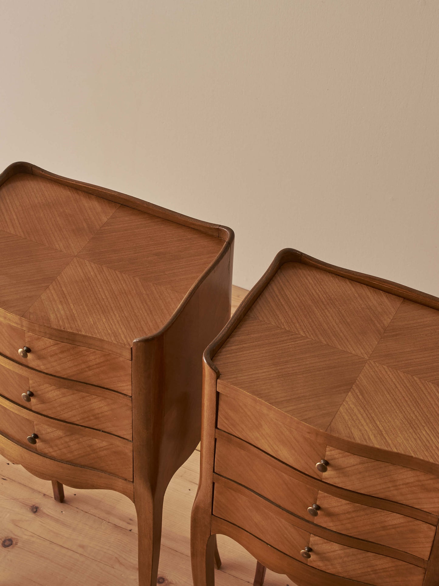 Pair of French vintage blonde marquetry bedside tables