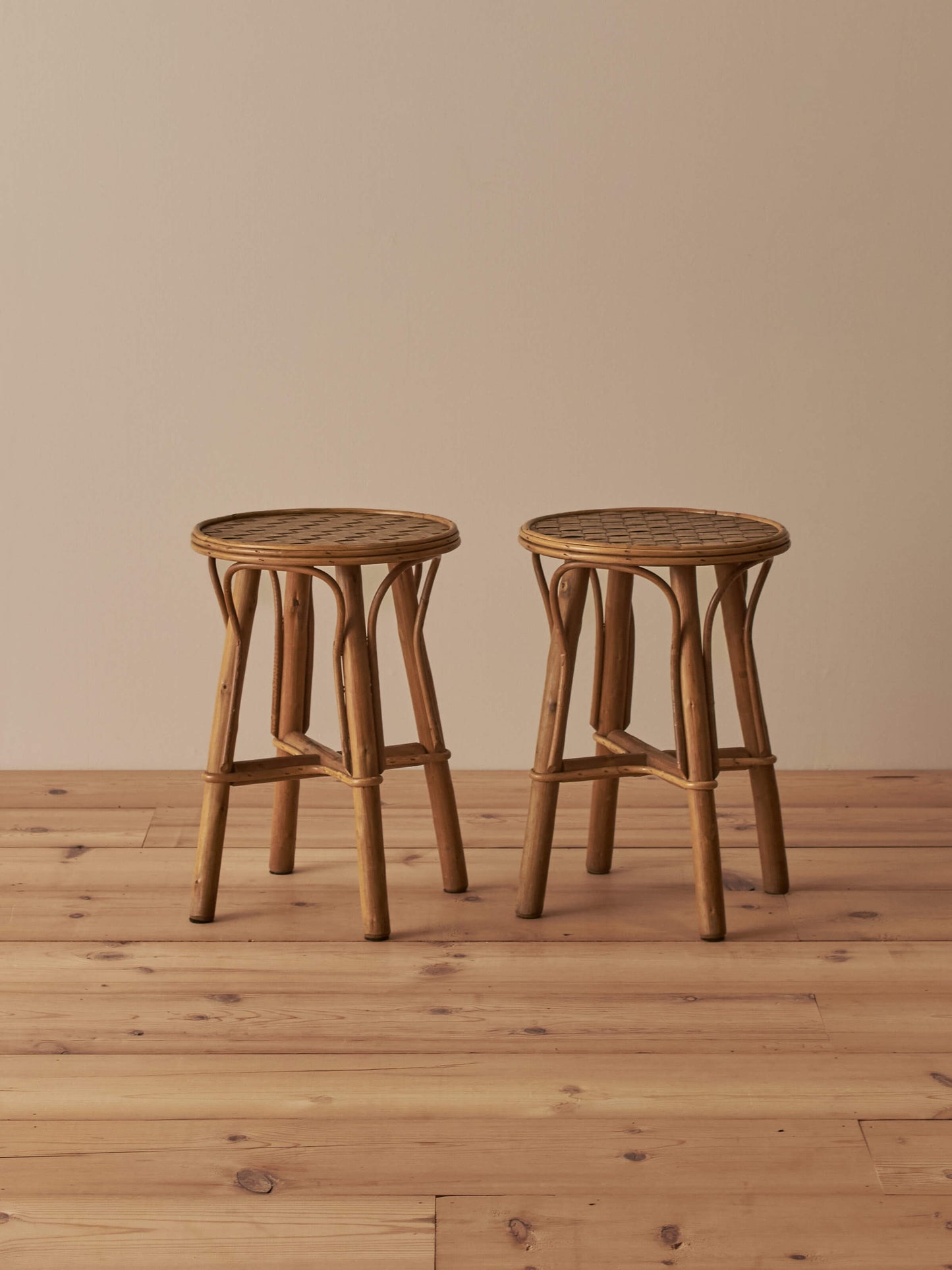 Pair of mid-century woven chestnut side tables