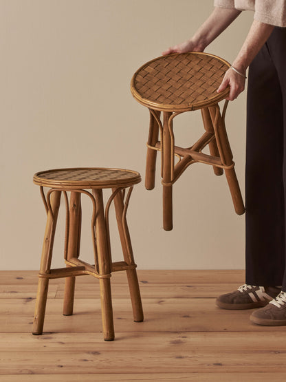 Pair of mid-century woven chestnut side tables