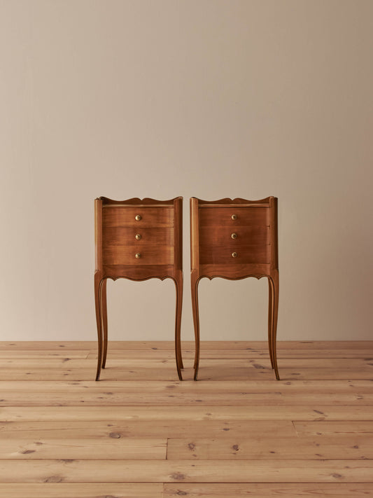 Pair of French cherry bedside tables with three drawers