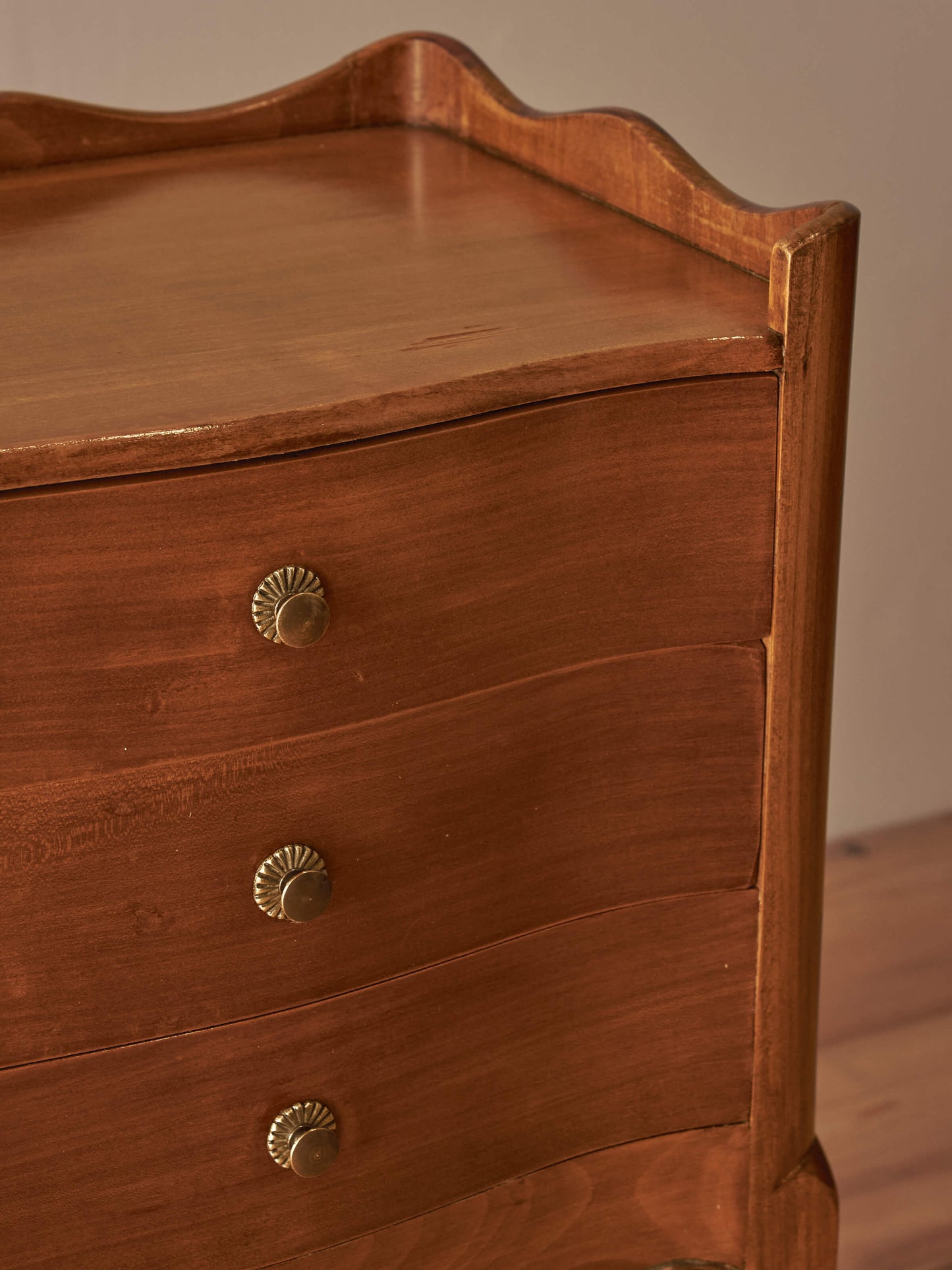 Pair of French cherry bedside tables with three drawers