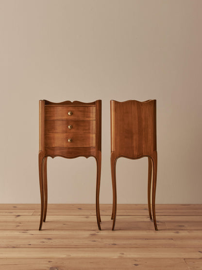 Pair of French cherry bedside tables with three drawers