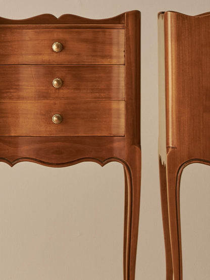 Pair of French cherry bedside tables with three drawers