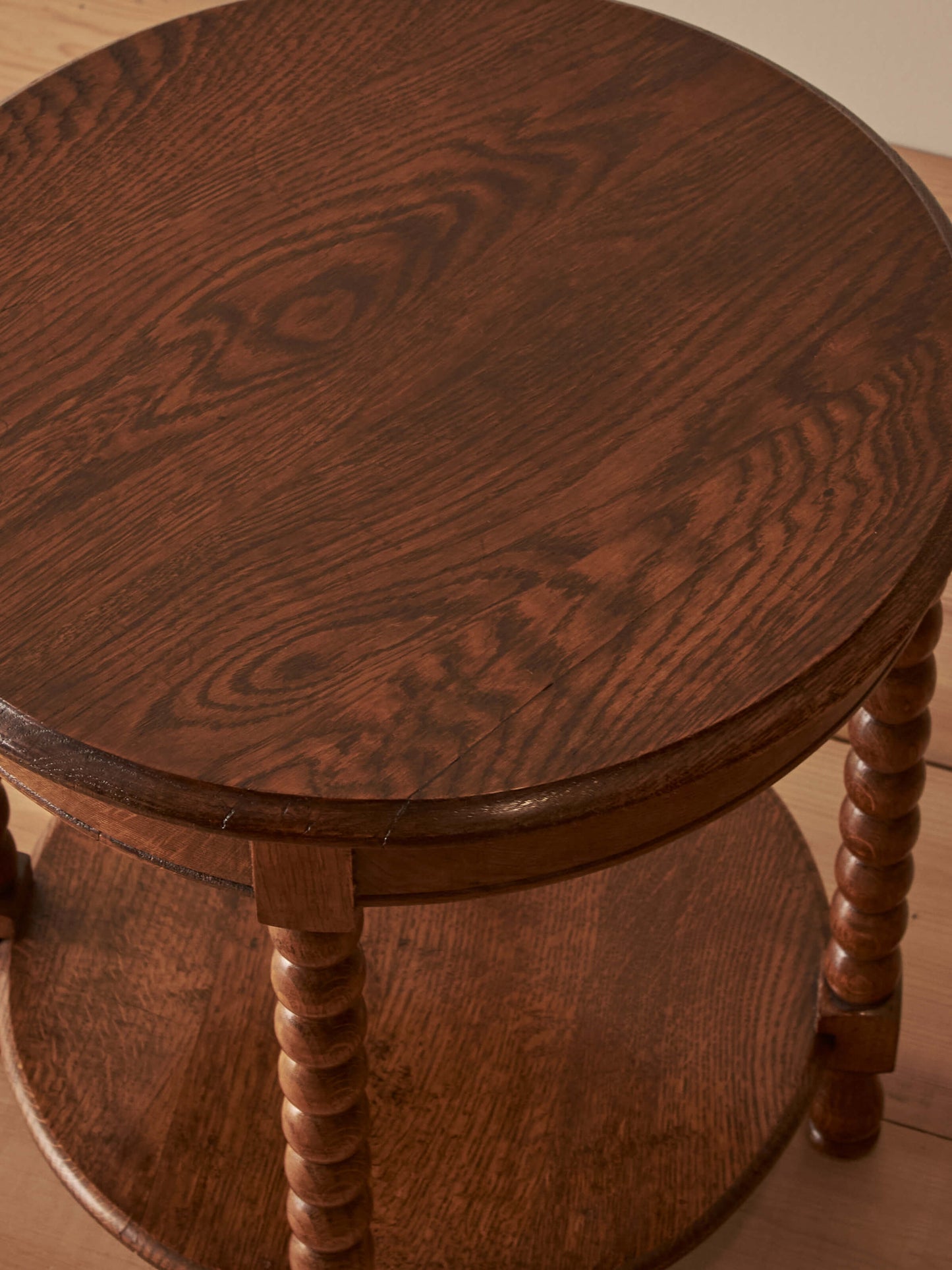 French vintage circular oak bobbin table