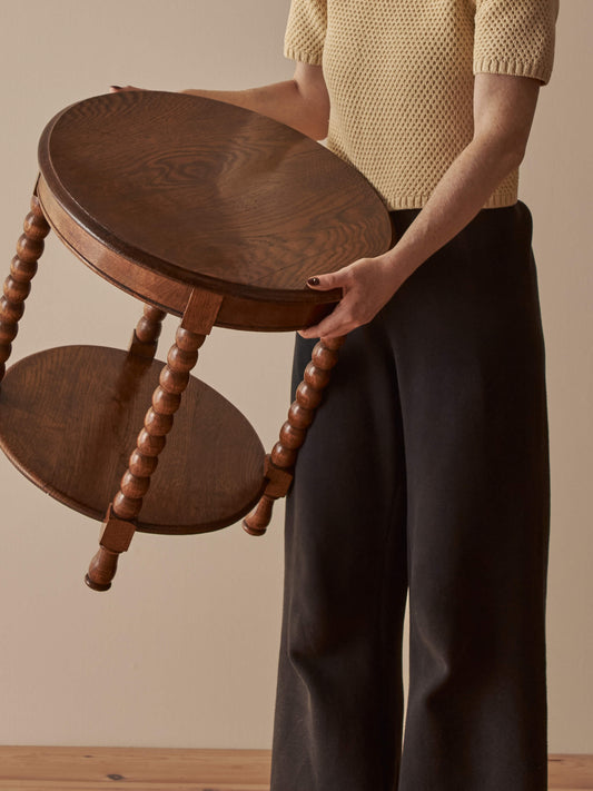 French vintage circular oak bobbin table