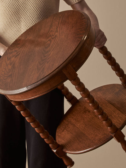 French vintage circular oak bobbin table
