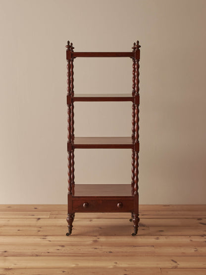 Victorian mahogany bobbin whatnot on castors