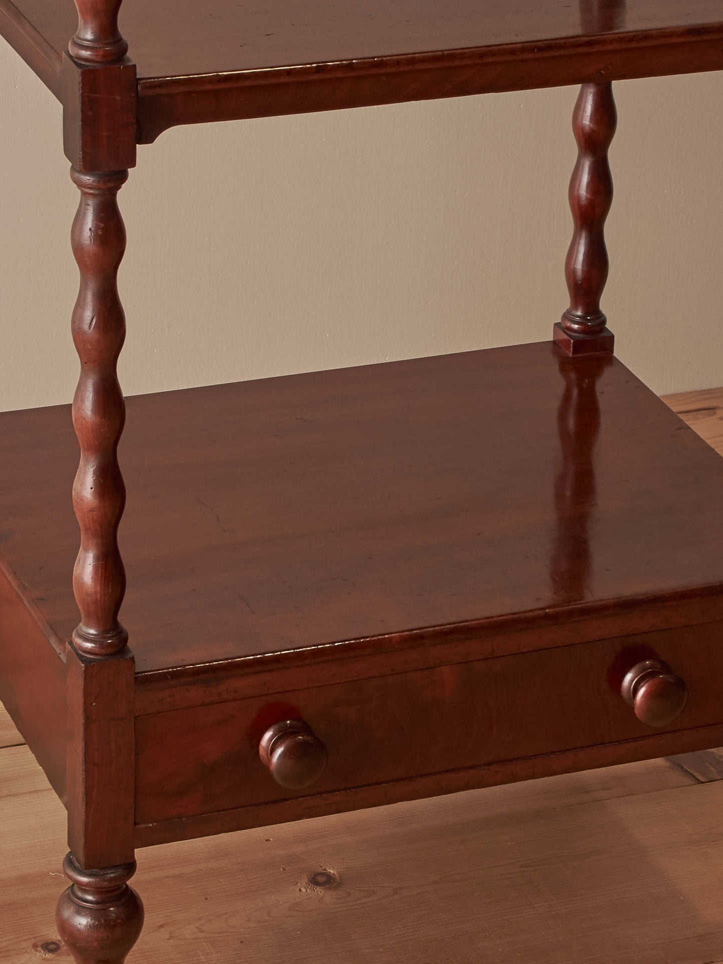 Victorian mahogany bobbin whatnot on castors