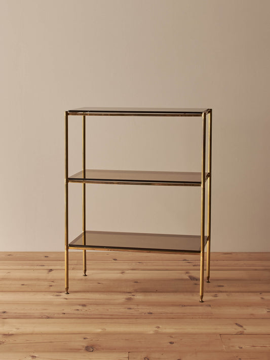Mid-century brass and smoked glass shelving unit