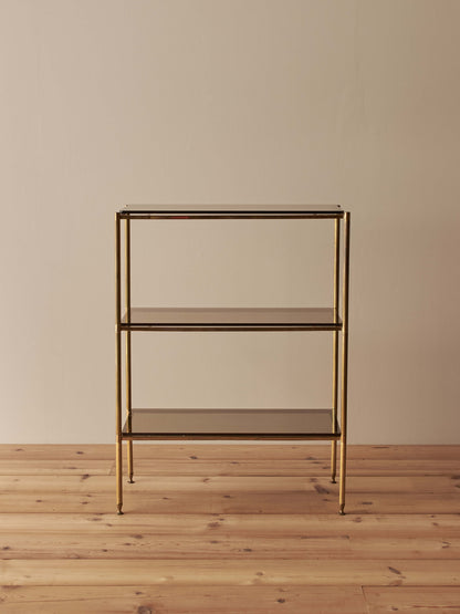 Mid-century brass and smoked glass shelving unit