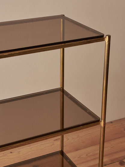 Mid-century brass and smoked glass shelving unit